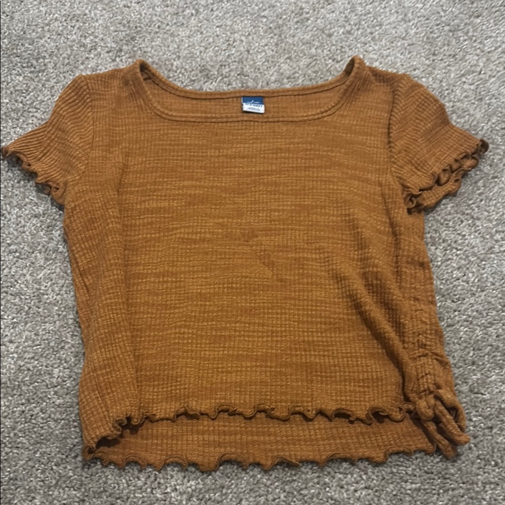 Old Navy Brown Ribbed Crop T-Shirt with Ruffled Sleeves Girls 10/12